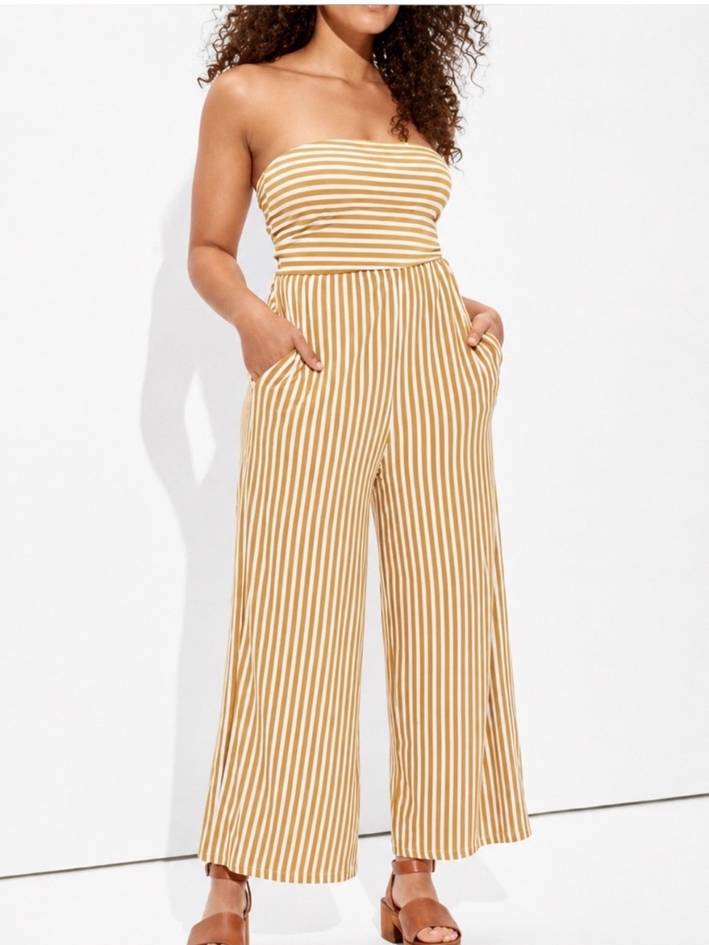 American Eagle Striped Strapless Wide-Leg Jumpsuit in Mustard